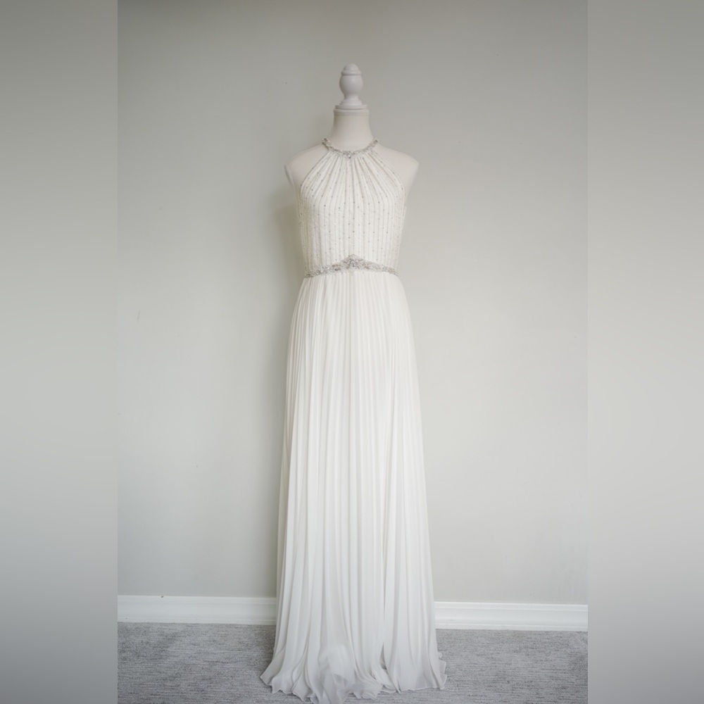 Escada White Pleated Beaded Gown